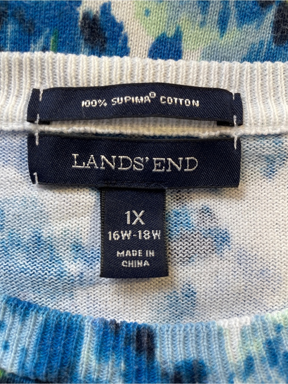 Lands' End 100% Supima Cotton Long Sleeve Blue and White Floral Sweater Size 1X - Picture 3 of 7